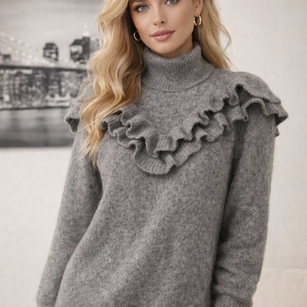 Zara Women's Grey Small Ruffle Knit Turtleneck Long Sleeve Sweater